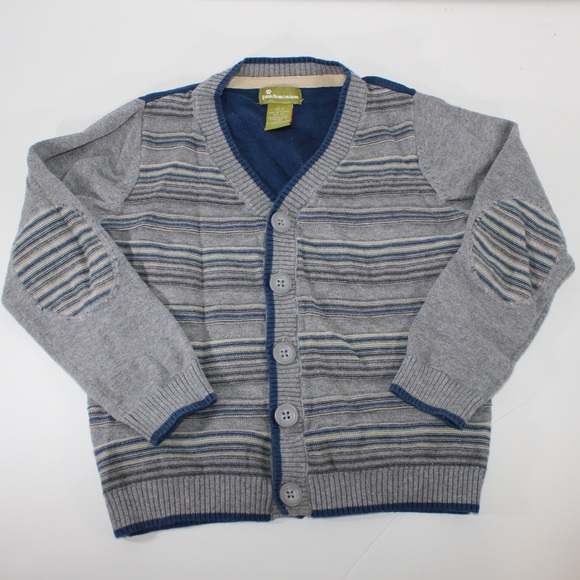 PANDEMINIUM Grey Blue Striped Cardigan Sweater Back Graphic Elbow Patches - Picture 5 of 5